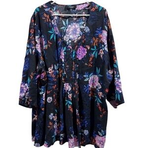 Boho Floral Tunic Top Fall Winter Rayon Black Multicolor Plus Size 3X